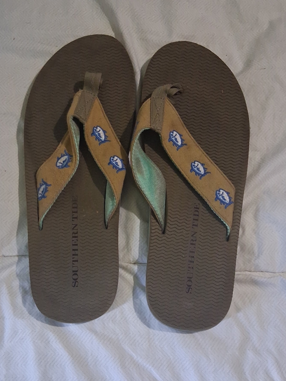 Southern Tide Brown Flip Flops with Tan Embroidered Straps